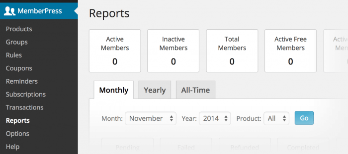MemberPress | One More Cup of Coffee A report as it appears inside the plugin's tab in the WordPress dashboard. There are several boxes next to each other, each showing a figure. There are figures for active members, inactive members, total members, and active free members.