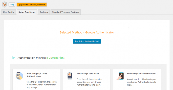MiniOrange | One More Cup of Coffee The plugin's dashboard showing the "Setup Two-Factor" tab. At the bottom are the three different miniOrange authentication methods: the QR code, soft token, and push notification.