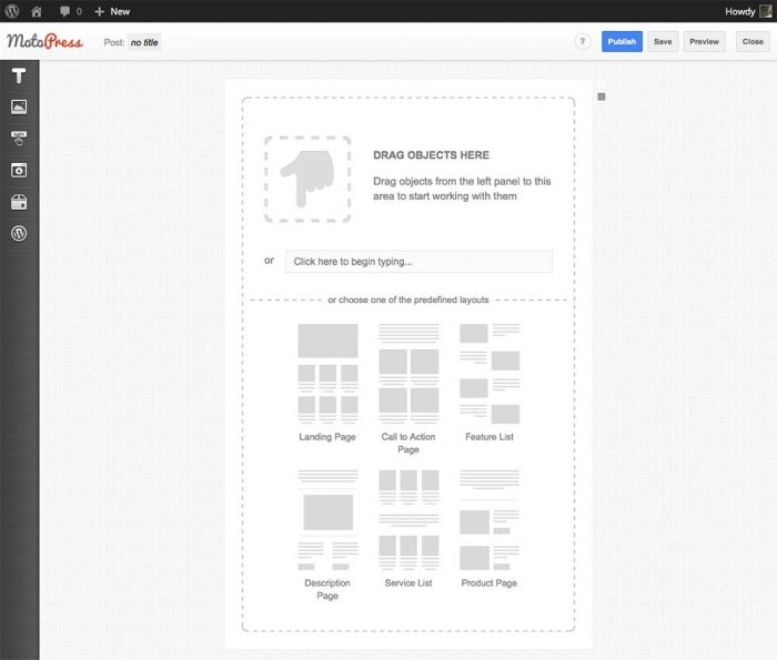 MotoPress | One More Cup of Coffee The plugin's drag-and-drop visual editor. Inside the editor, you can drag an object, type a text, or choose on of the predefined layouts. There are layouts for a landing page, call-to-action page, feature list, description page, service list, and product page.