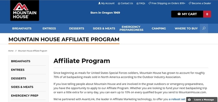 screenshot of the affiliate sign up page for Mountain House