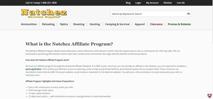 screenshot of the affiliate sign up page for Natchez Shooters Supplies