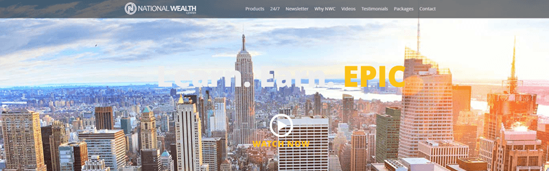 National Wealth Center website screenshot showing the skyline of a city with many tall buildings. 