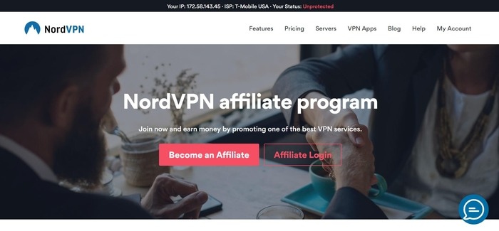 screenshot of the affiliate sign up page for NordVPN