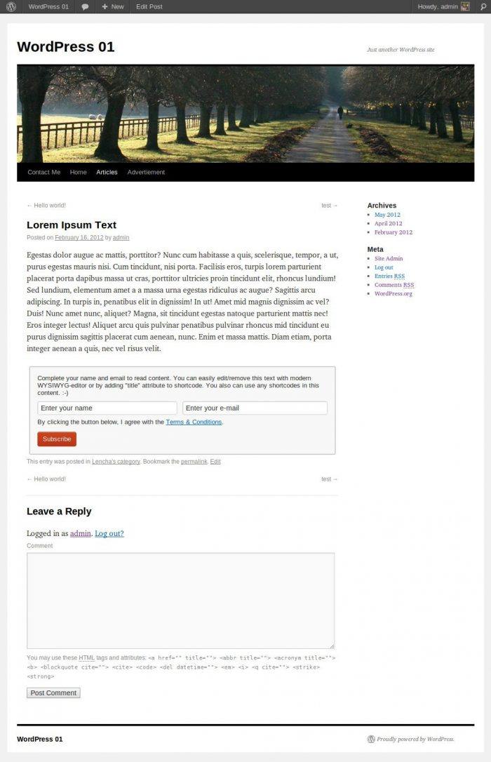 Opt-In Content Locker | One More Cup of Coffee A WordPress post with a sample text followed by a subscription form. At the bottom is a reply field for comments.