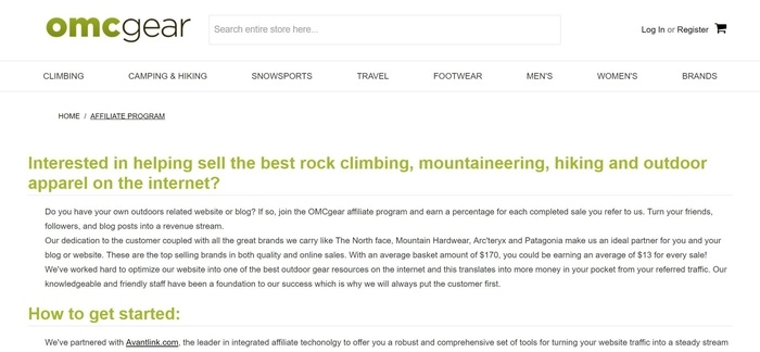 screenshot of the affiliate sign up page for Oregon Mountain Community