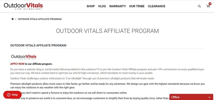 screenshot of the affiliate sign up page for Outdoor Vitals