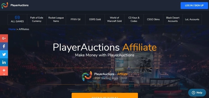 screenshot of the affiliate sign up page for PlayersAuctions