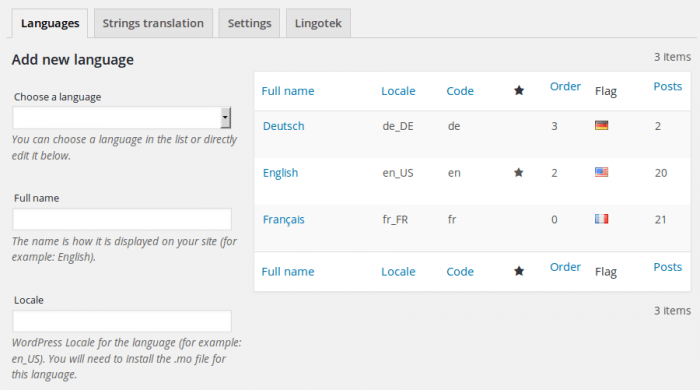 The language tab in the plugin's settings page. The admin can add a new language and write its full name and locale. On the right is a table showing all of the used languages along with their details.