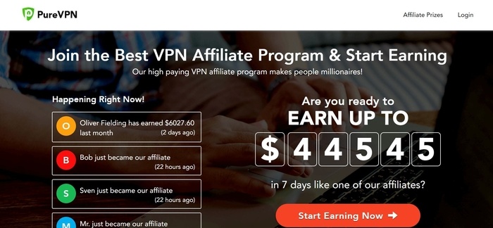 screenshot of the affiliate sign up page for PureVPN