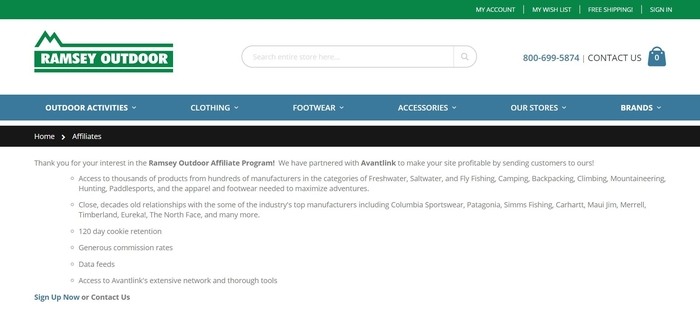 screenshot of the affiliate sign up page for Ramsey Outdoor