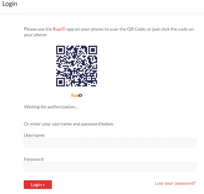 RapID.v2 | One More Cup of Coffee The RapID QR code scanning screen. The user can either scan the code or enter the login information in the fields below.