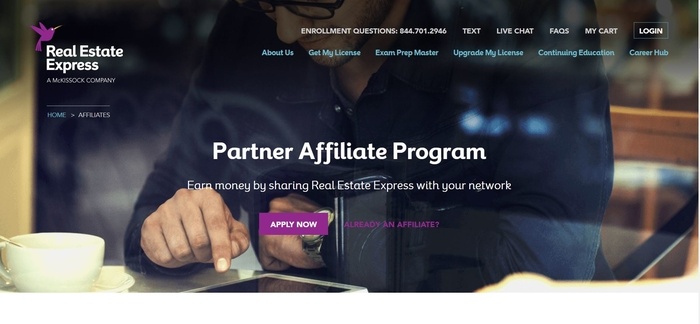 screenshot of the affiliate sign up page for Real Estate Express