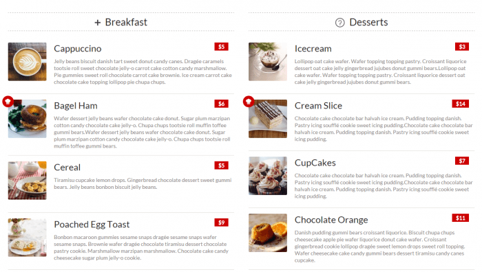 RestaurantPress | One More Cup of Coffee A double-column menu as it appears on the frontend. The menu shows the breakfast category in the left column and the desserts category on the right. Under each category, the items are listed with a description, a thumbnail, and a red box for the price.