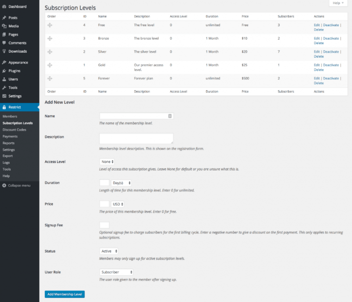 Restrict Content Pro | One More Cup of Coffee A list of the plugin's subscription levels. In front of each level there is a name, ID, description, access level, duration, price, number of subscribers, and actions.