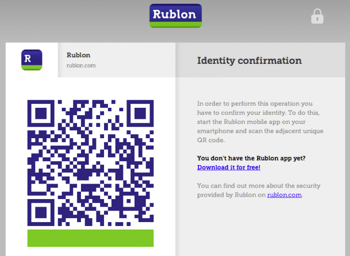 Rublon | One More Cup of Coffee A Rublon screen showing a QR code with a clarification of the process titled "Identity Confirmation" to its right. A link to the app download page is attached to the text.