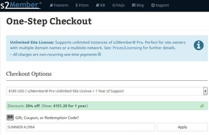 S2Member | One More Cup of Coffee The One-Step Checkout page. Below the headline there is an alert message, then there are the chekout options. At the bottom there is a field for gift, coupon, or redemption codes which can be applied to the purchase.