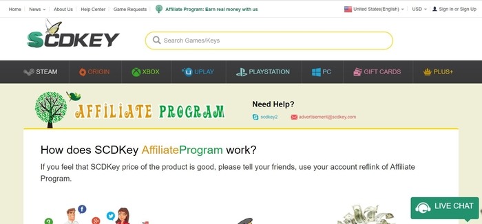 screenshot of the affiliate sign up page for SCDKey