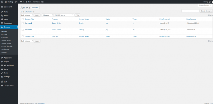 The backend list of sermons where each sermon is listed by its name, speaker, series title, topics, views, date, and Bible passage.