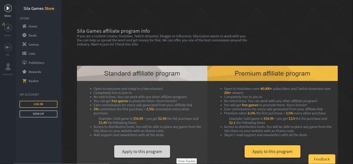 screenshot of the affiliate sign up page for Sila Games