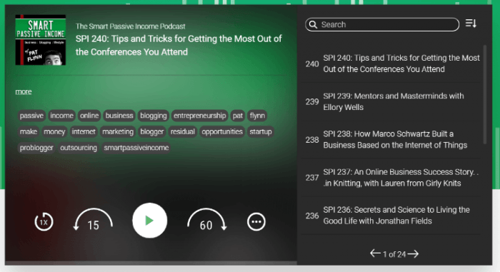 The plugin's player with a green background and an episode playlist on the right. The player shows the name of the podcast, the title, and the episode's tags. At the bottom are the play, rewind, and forward buttons.