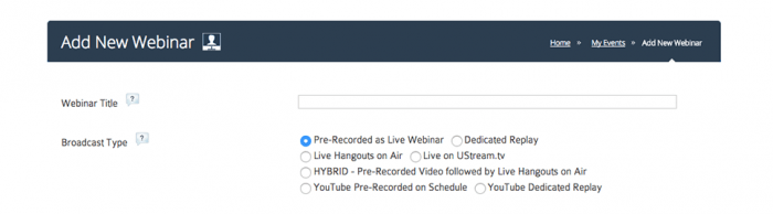 Stealth Seminar | One More Cup of Coffee "Add New Webinar" window with a field for the webinar title and a list of broadcast types to choose from.