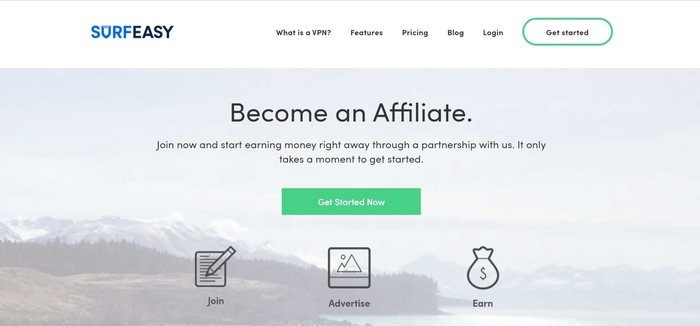 screenshot of the affiliate sign up page for SurfEasy