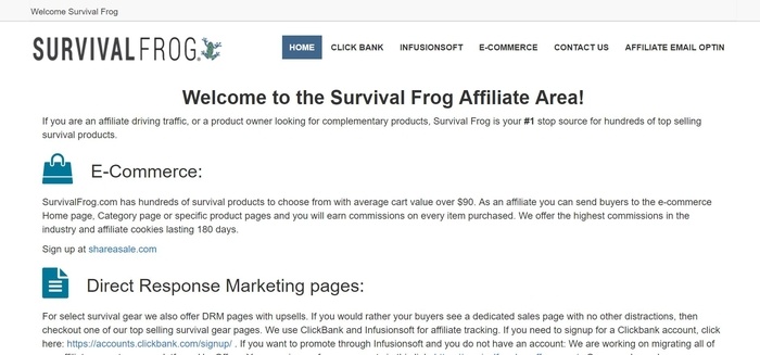 screenshot of the affiliate sign up page for Survival Frog