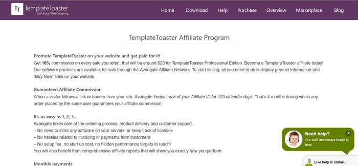 screenshot of the affiliate sign up page for TemplateToaster