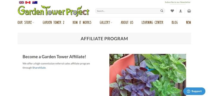 screenshot of the affiliate sign up page for The Garden Tower Project