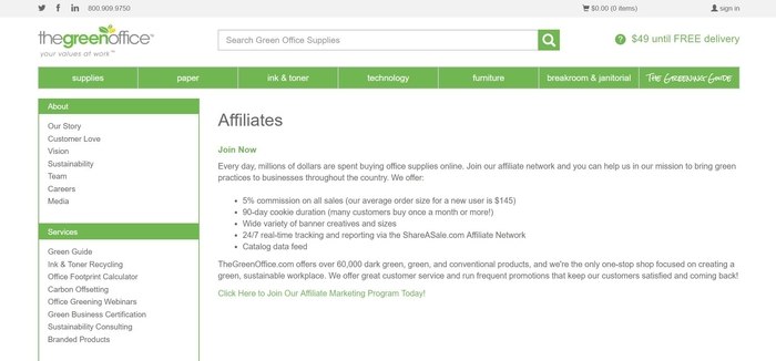 screenshot of the affiliate sign up page for TheGreenOffice.com