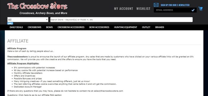 screenshot of the affiliate sign up page for Thecrossbowstore