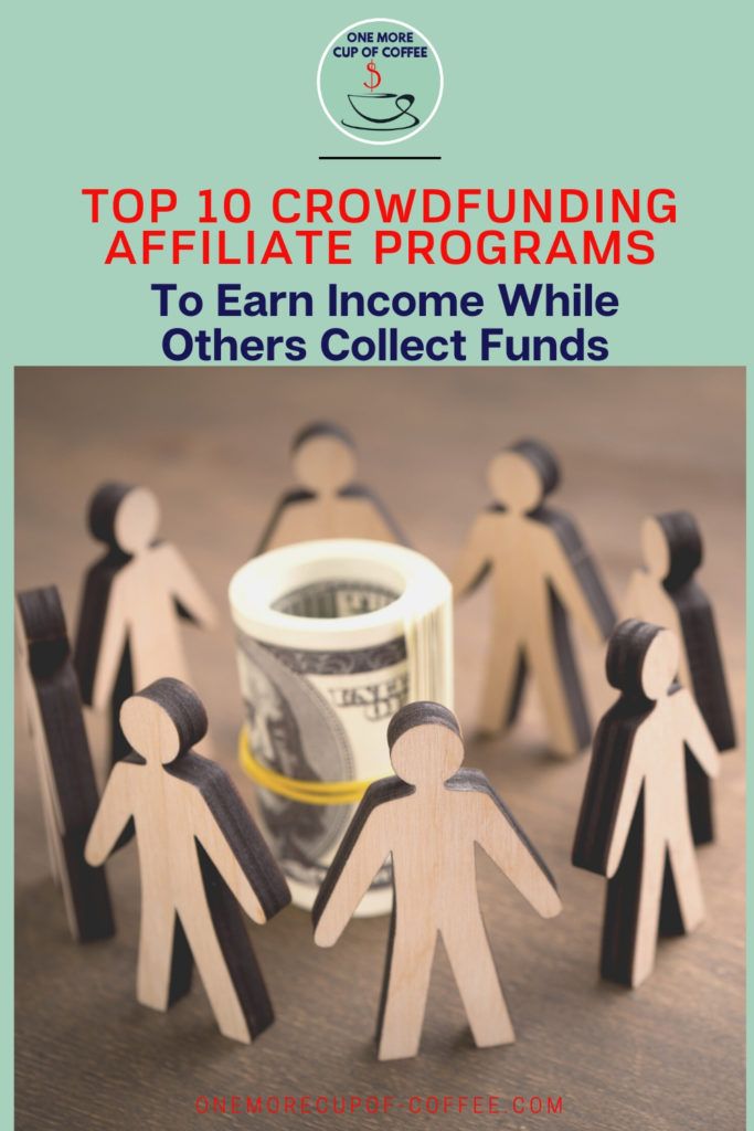 cardboard human cutouts circling a bundled money with text on top "Top 10 Crowdfunding Affiliate Programs To Earn Income While Others Collect Funds" 