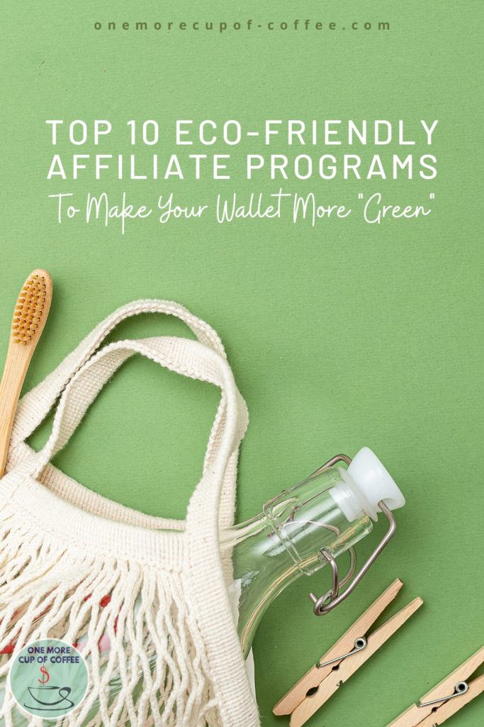 laid out eco-friendly products such as bottle, toothbrush, clothes pin, bag, in green background with text at the top "Top 10 Eco-friendly Affiliate Programs To Make Your Wallet More Green"