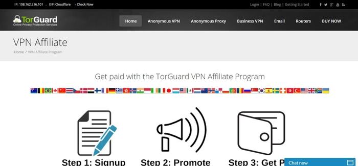 screenshot of the affiliate sign up page for Torguard