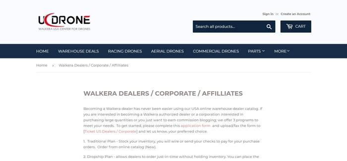 screenshot of the affiliate sign up page for UC Drone