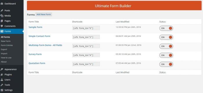 A list of the currently available forms. Each form appears with its shortcode, date of last modification, and status (on/off).