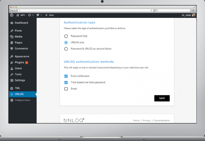 Unloq | One More Cup of Coffee The Unloq tab inside the WordPress dashboard showing the authentication types and methods to be activated during the setup of the plugin.