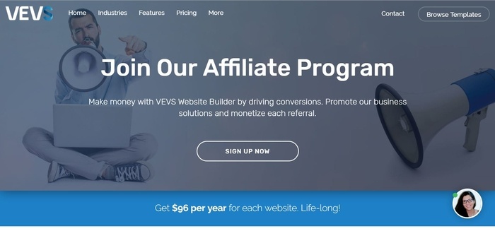 screenshot of the affiliate sign up page for VEVS