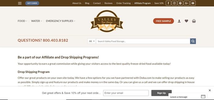 screenshot of the affiliate sign up page for Valley Food Storage