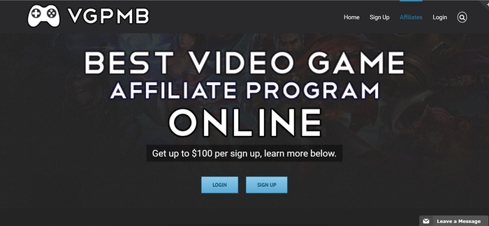screenshot of the affiliate sign up page for Video Games Pay My Bills