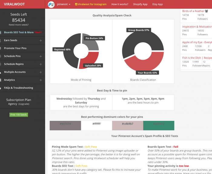 The Quality Analysis/Spam Check dashboard showing a pie chart for each. Below that are recommendations on the best day and time to post. At the bottom are a bunch of spam profile and SEO tests. 