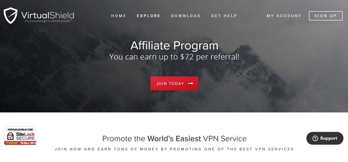screenshot of the affiliate sign up page for VirtualShield