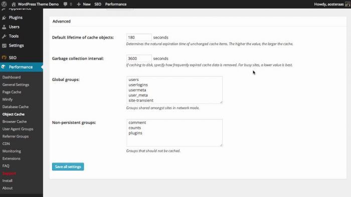 The plugin's advanced performance settings. Here the admin gets to determine the lifetime of cached files, the automatic purge period, global groups, and non-persistent groups.