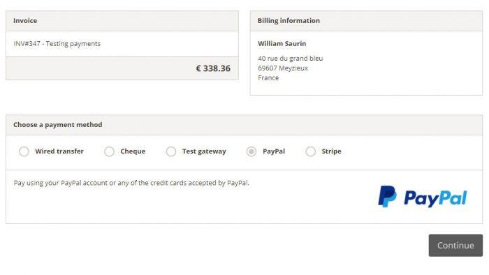 WP Customer Area | One More Cup of Coffee The checkout page showing the invoice, billing information, and the various payment methods. The available payment methods are wired transfer, cheque, test gateway, PayPal, and Stripe.