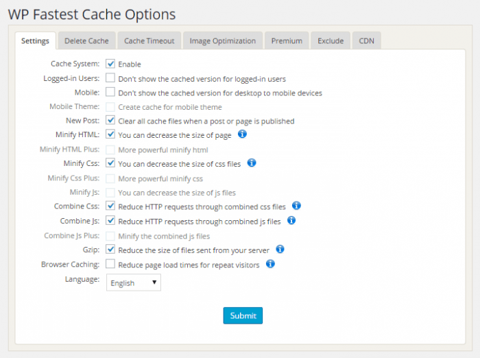 The plugin's settings tab where the admin gets to enable/disable any of the caching features and parameters. There are other tabs for cache deletion, cache timeout, image optimization, premium, exclusion, and CDN.