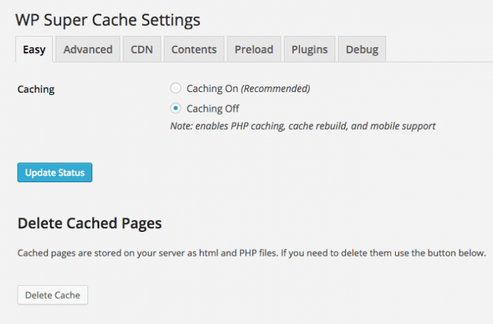 The WP Super Cache Settings window opened on the "Easy" tab. That is where the simple settings, such as enabling or disabling caching, can be configured.
