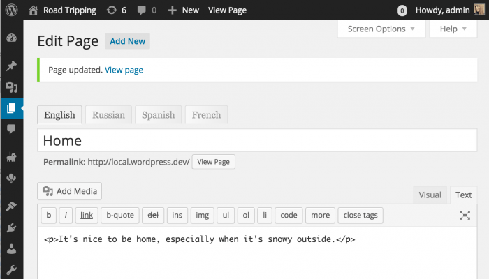 The text editor where the admin gets to type the text for each language in parallel. Each language appears in a separate tab inside the same post.