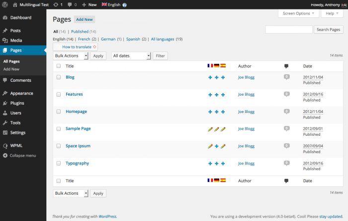 A table of the website's pages in the WordPress dashboard. One of the columns in the table shows the French, German, and Spanish flags representing each of the three languages, and each page is marked by which of these languages it is available in.