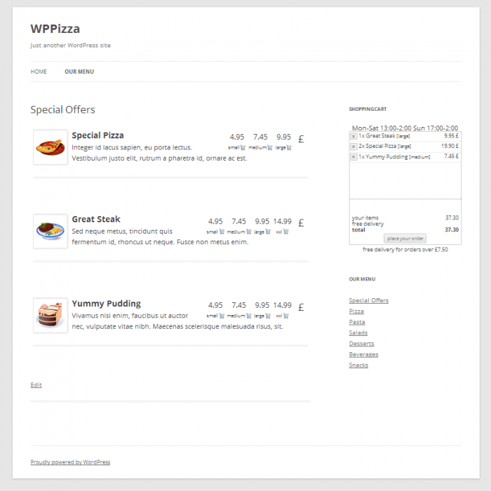 WPPizza | One More Cup of Coffee The WPPizza menu opened on the special offers section. Each item is displayed with a thumbnail, description, and the prices. On the right is the shopping cart, and at the bottom are some navigation links for the other menu sections.