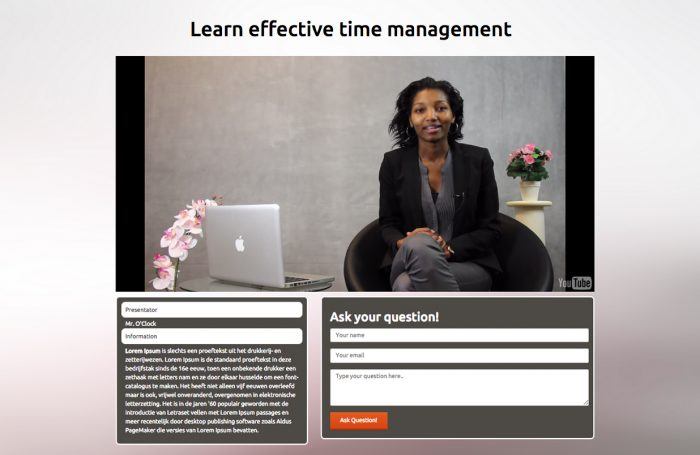 WPWebinar | One More Cup of Coffee A webinar title "Learn effective time management." There is a YouTube live webinar embedded in the middle of page, and at the bottom are two boxes, one with the audiences' questions and comments and the other with a question form.